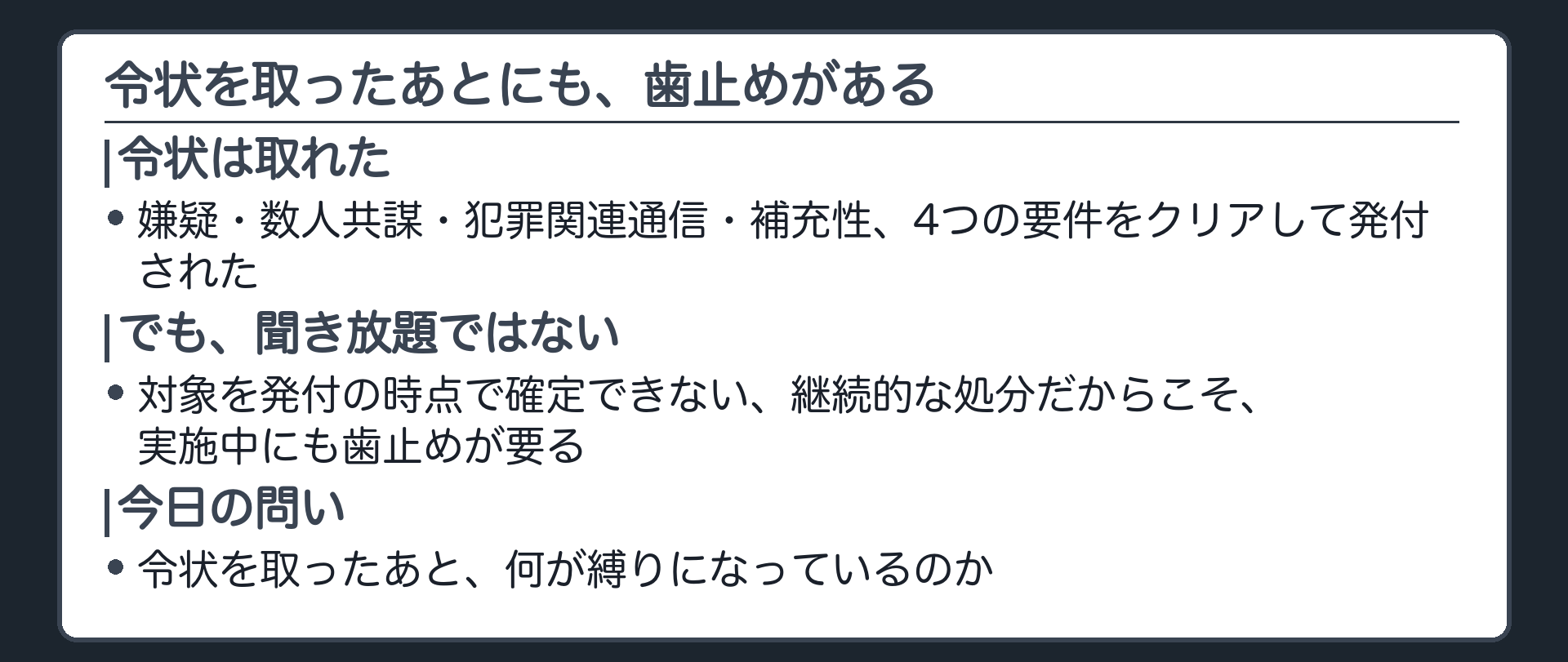 傍受令状の紙面から実際に電話を聞く現場への場面転換を示す導入板
