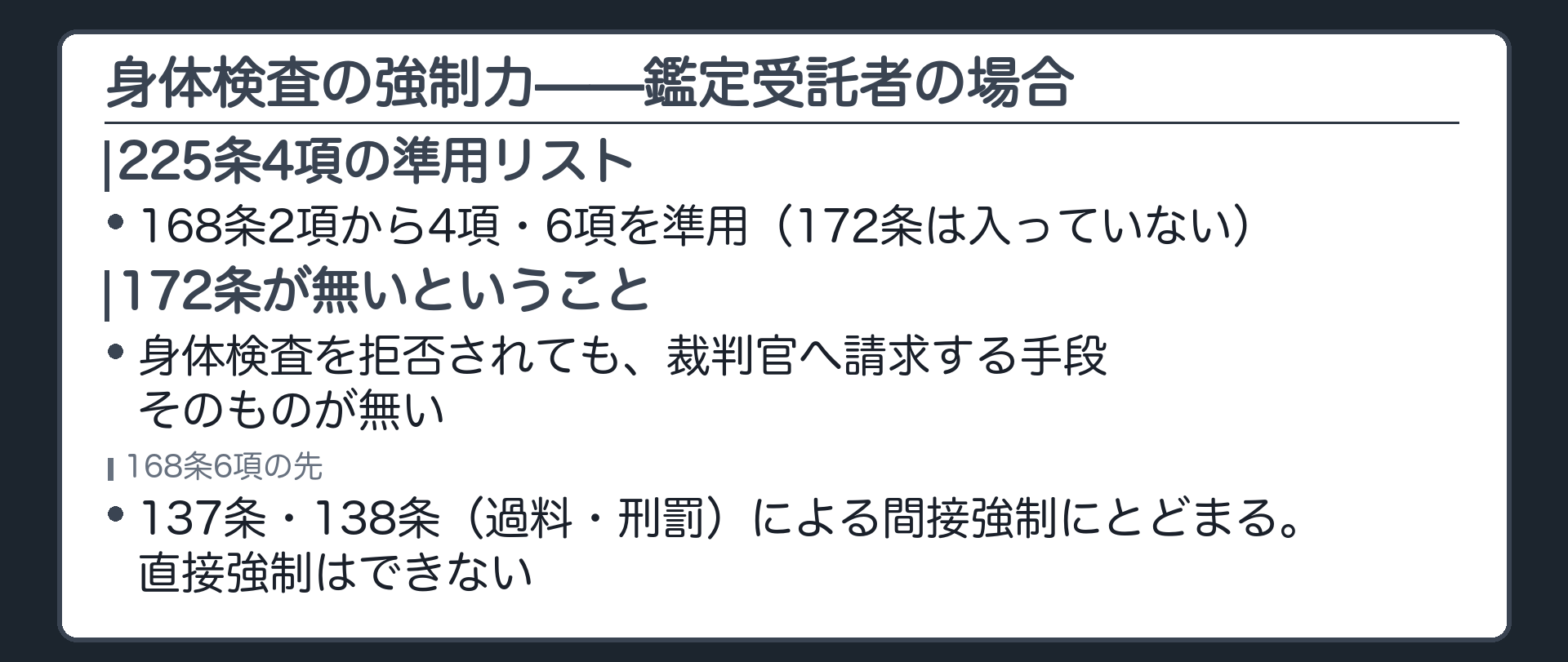 225条4項が168条2項から4項と6項だけを準用し172条を準用しないため鑑定受託者は身体検査を拒否されても裁判官へ請求する手段が無く間接強制止まりであることを示す板