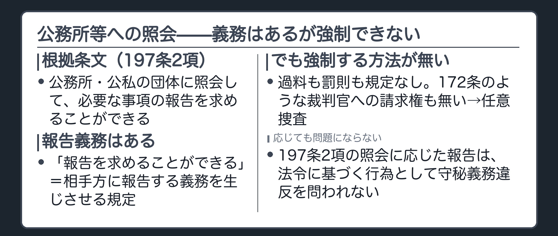 市役所や銀行に照会して必要な事項の報告を求める公務所等への照会が報告義務はあっても強制手段のない任意捜査であることを示す板