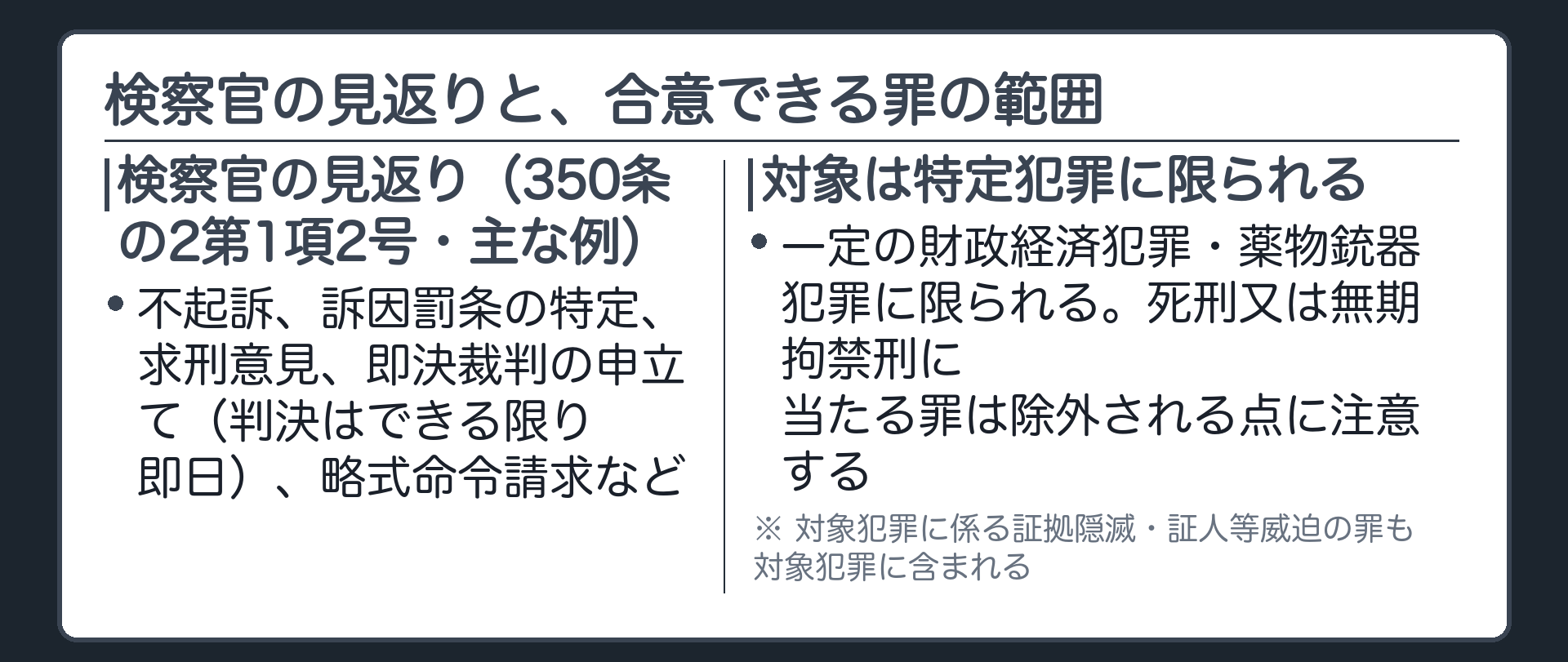 検察官の見返りは不起訴訴因罰条の特定求刑意見即決裁判略式命令請求で対象犯罪は財政経済犯罪や薬物銃器犯罪に限られ死刑無期拘禁刑に当たる罪は除外されることを示す板