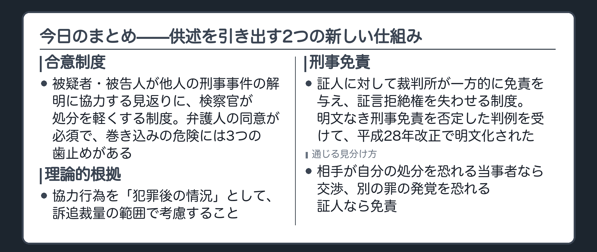 合意制度と刑事免責の要点として主体対象犯罪履行の担保理論的根拠を1枚にまとめた保存版の板