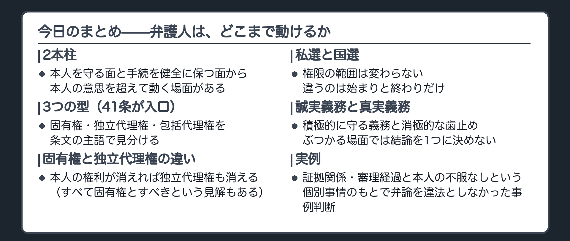 41条を入口に固有権独立代理権包括代理権という3つの型と本人の権利消滅時の違いと誠実義務真実義務の対立軸という今日の骨格を1本にまとめる板