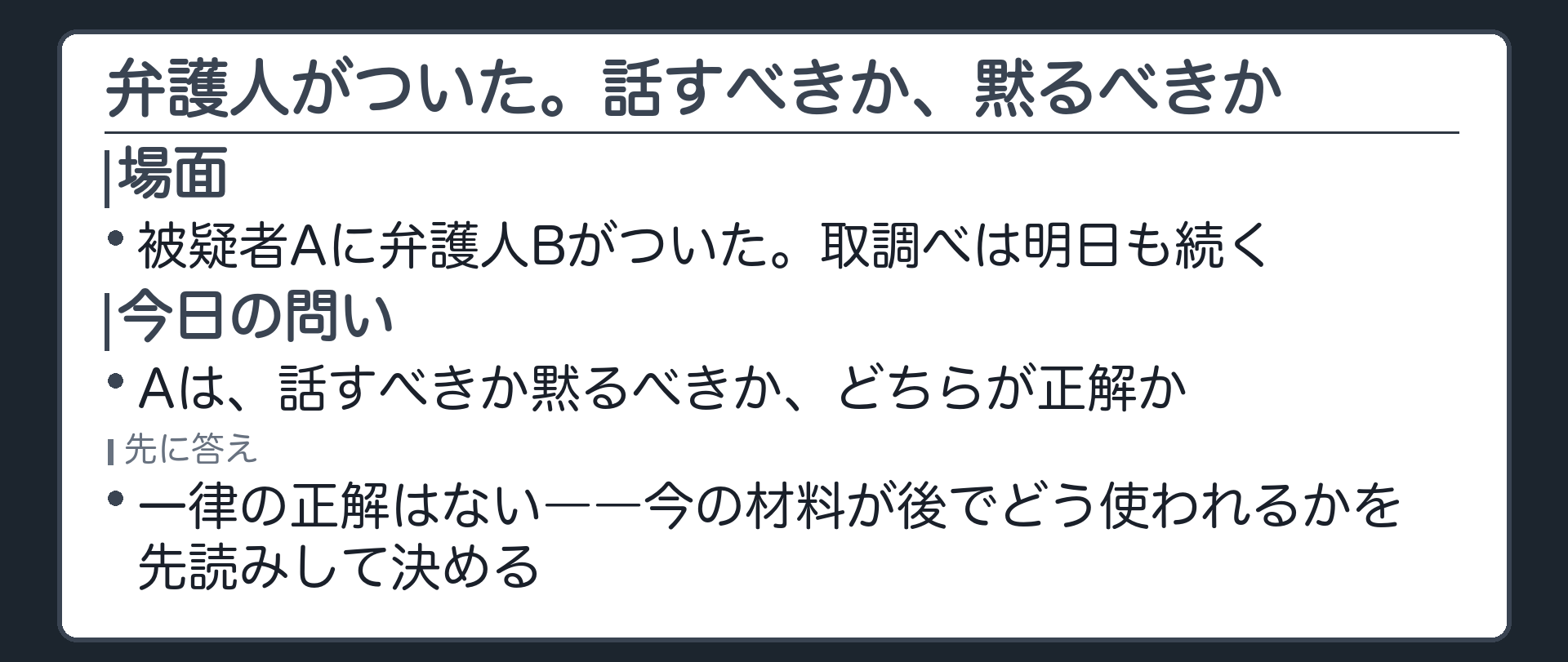 弁護人Bがついた被疑者Aが取調べは明日も続くが話すべきか黙るべきかを迷っている今日の問いを示す板