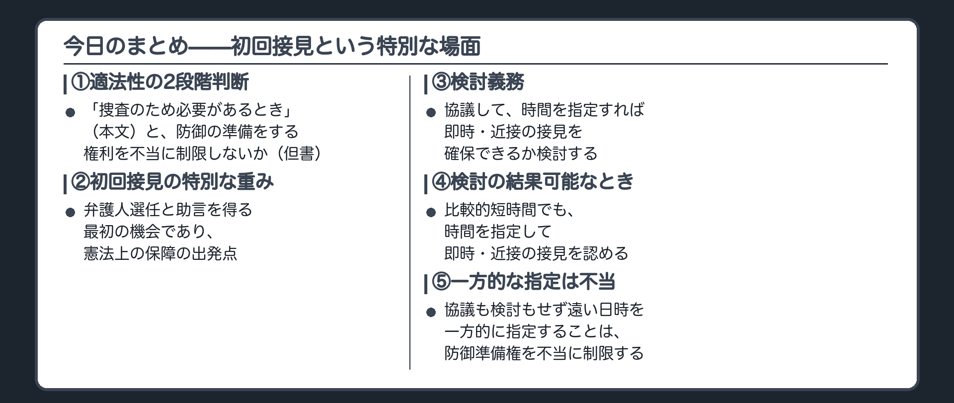 要件充足の判断と検討義務を果たしたかという判断の2段階のうち初回接見では後者が特に重く働くという今日の骨格をまとめる板