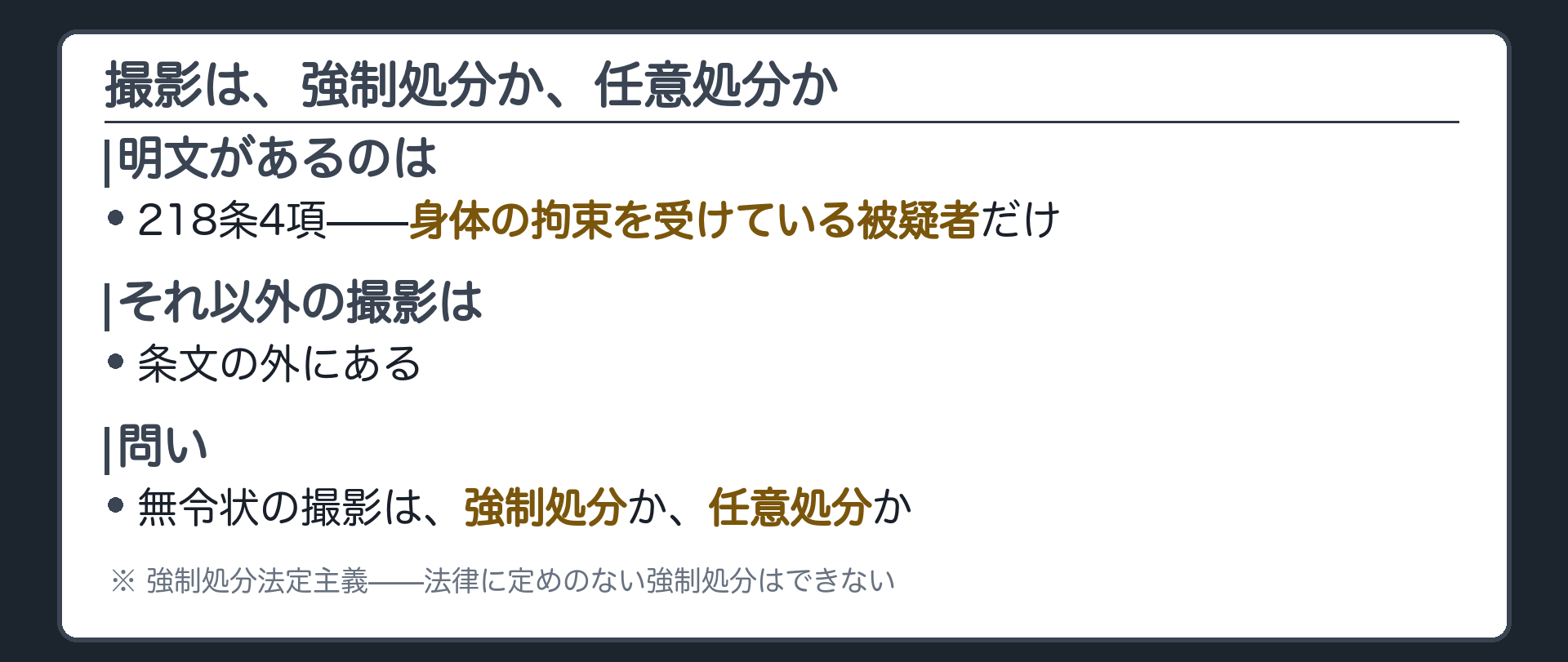撮影が強制処分か任意処分か、まだ答えが出ていないという問いの形だけを示す板