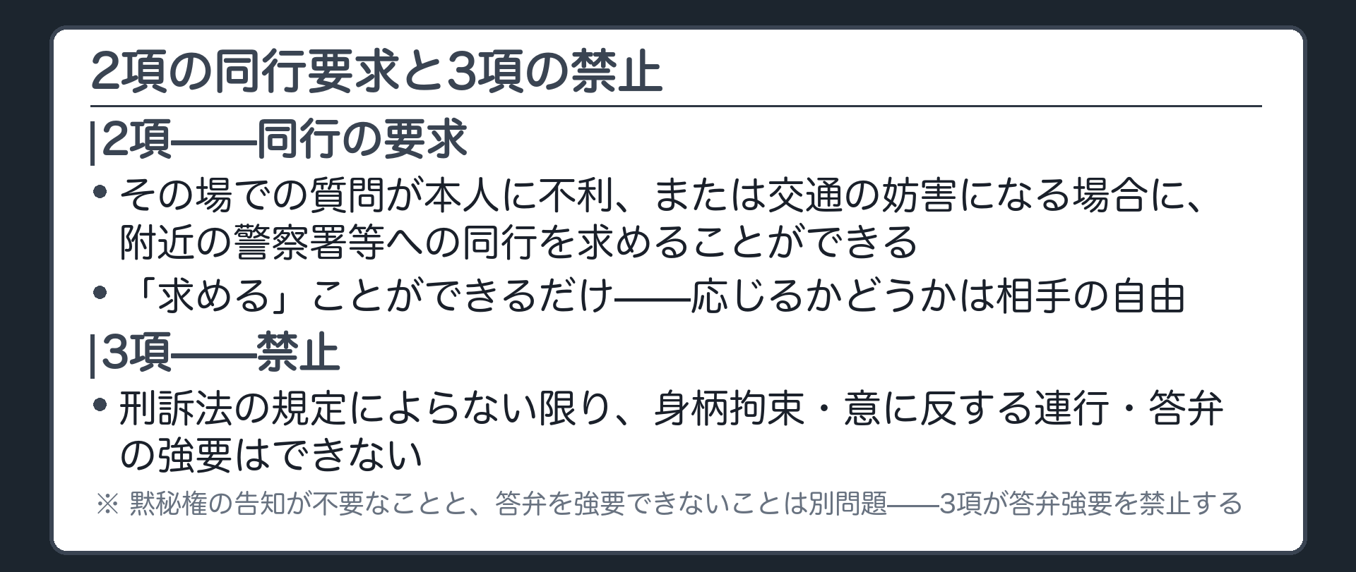 2項の同行要求と3項の身柄拘束連行答弁強要の禁止を並べた板