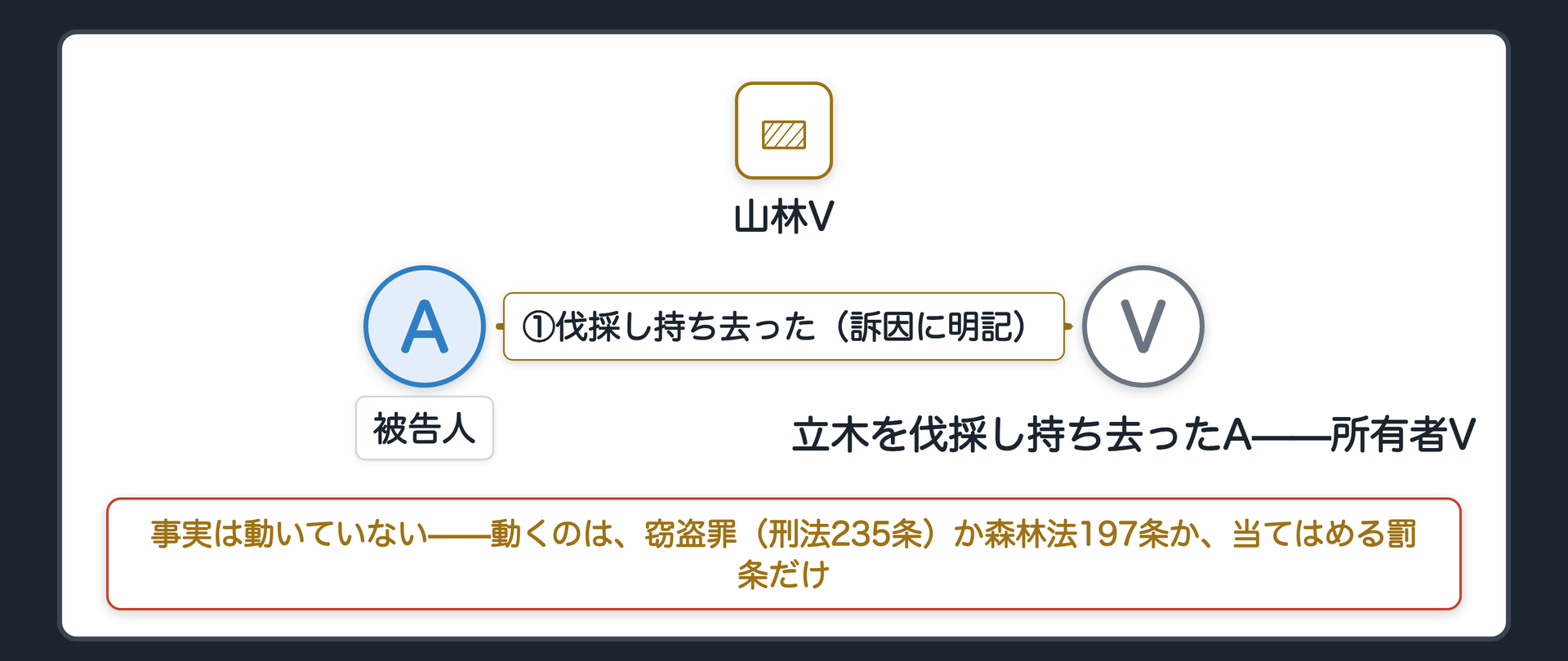 山林から立木を伐採して持ち去った訴因のまま、適用すべき罰条が窃盗罪か森林法の罰条かで分かれる設例を、AとVの関係図で示す板
