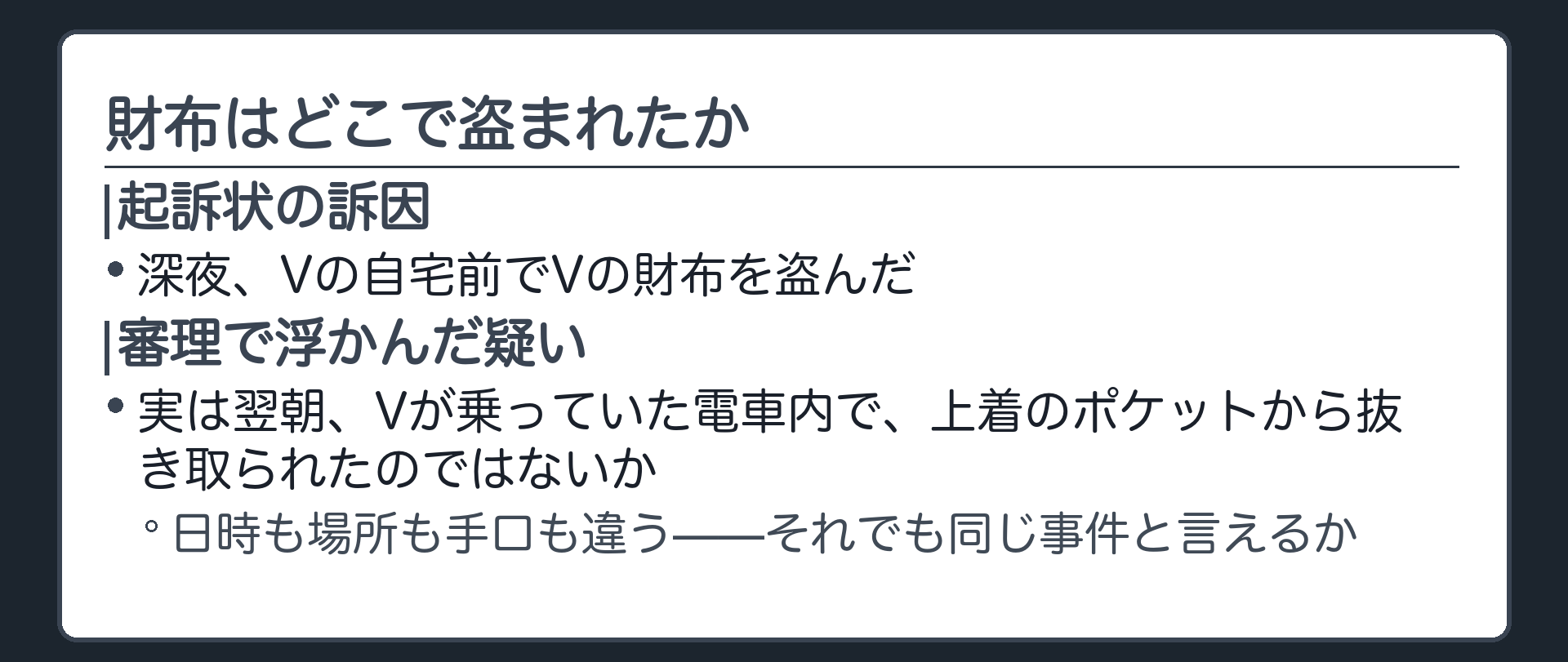 起訴状は深夜に自宅前で財布を盗んだという訴因だが審理で翌朝電車内で抜き取った疑いが浮上することを示す板