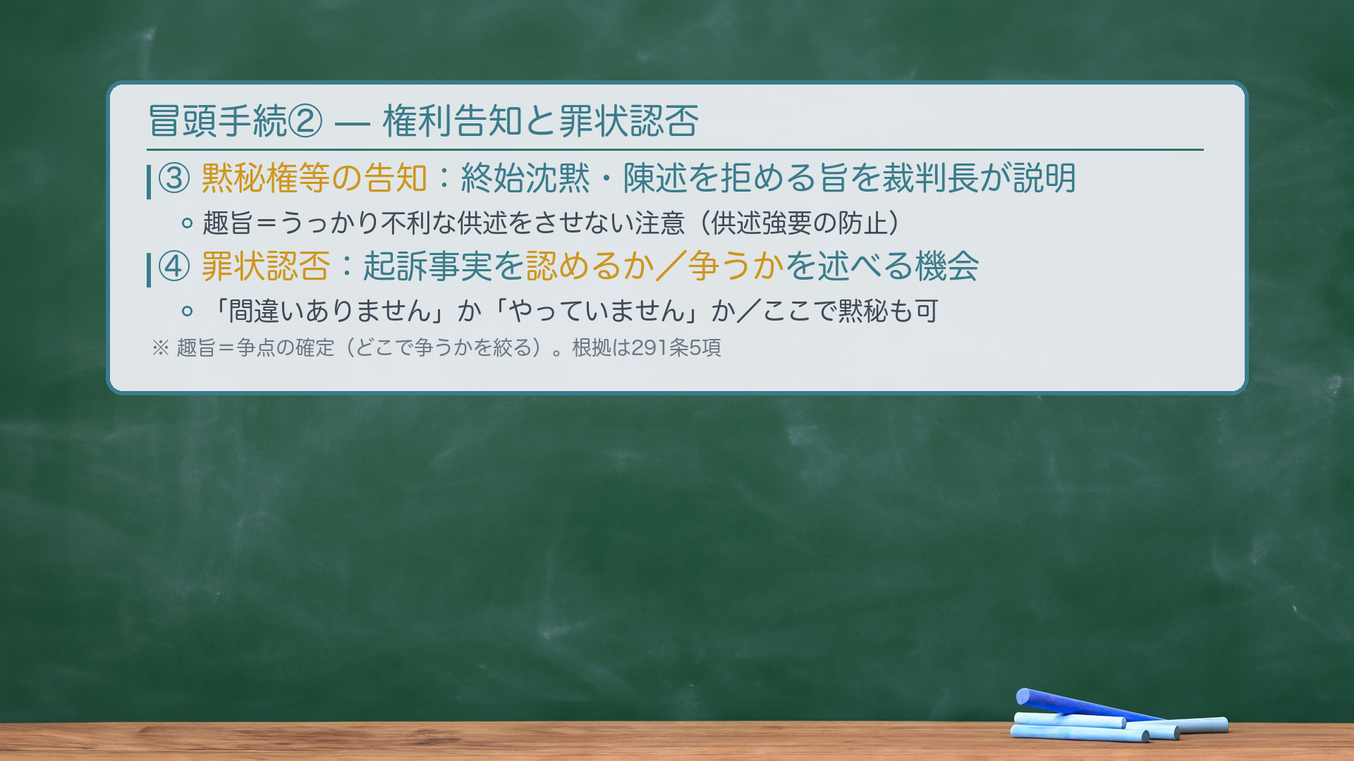 冒頭手続②の板書（権利告知・罪状認否）