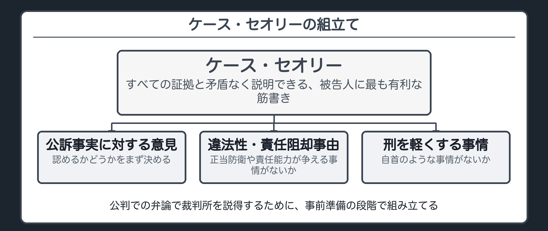 すべての証拠と矛盾しない被告人に最も有利な筋書きとしてのケースセオリーと公訴事実に対する意見決定の図
