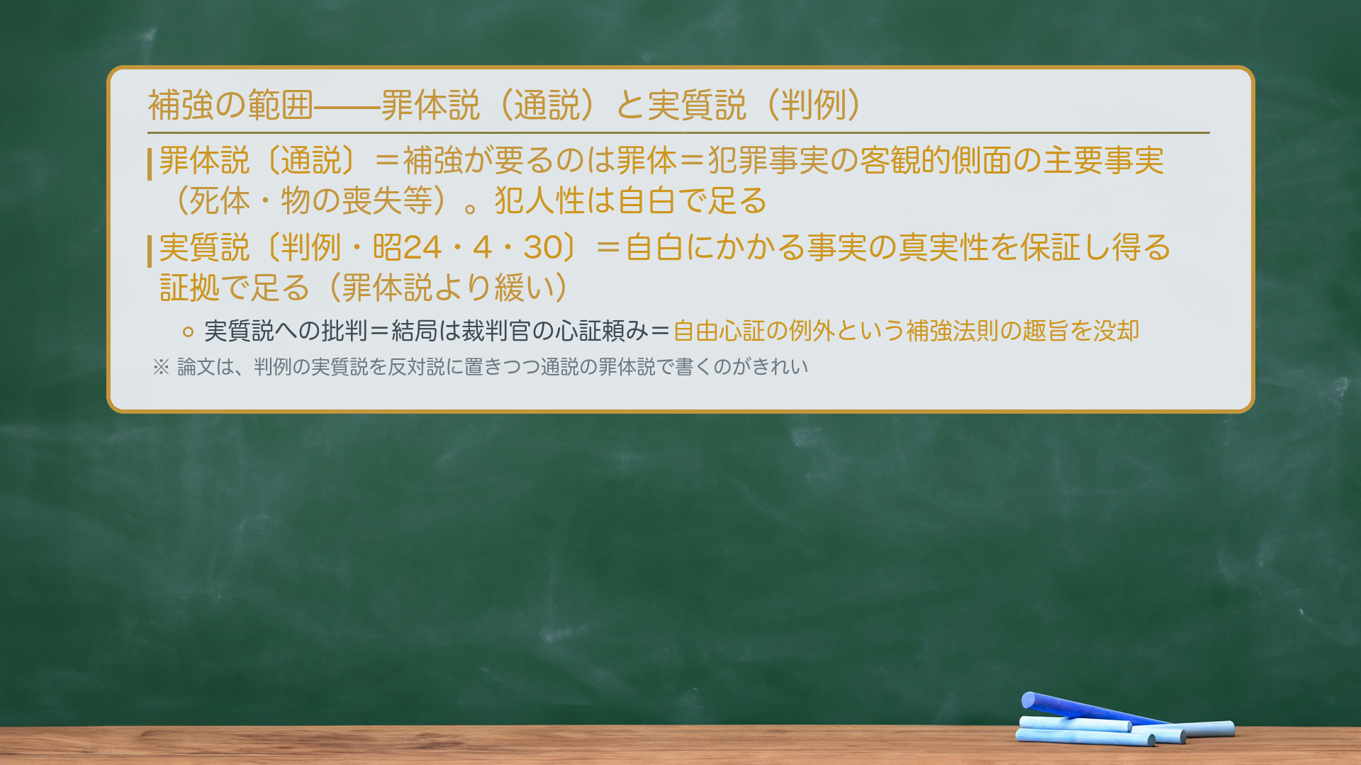補強の範囲（黒板：罪体説vs実質説）