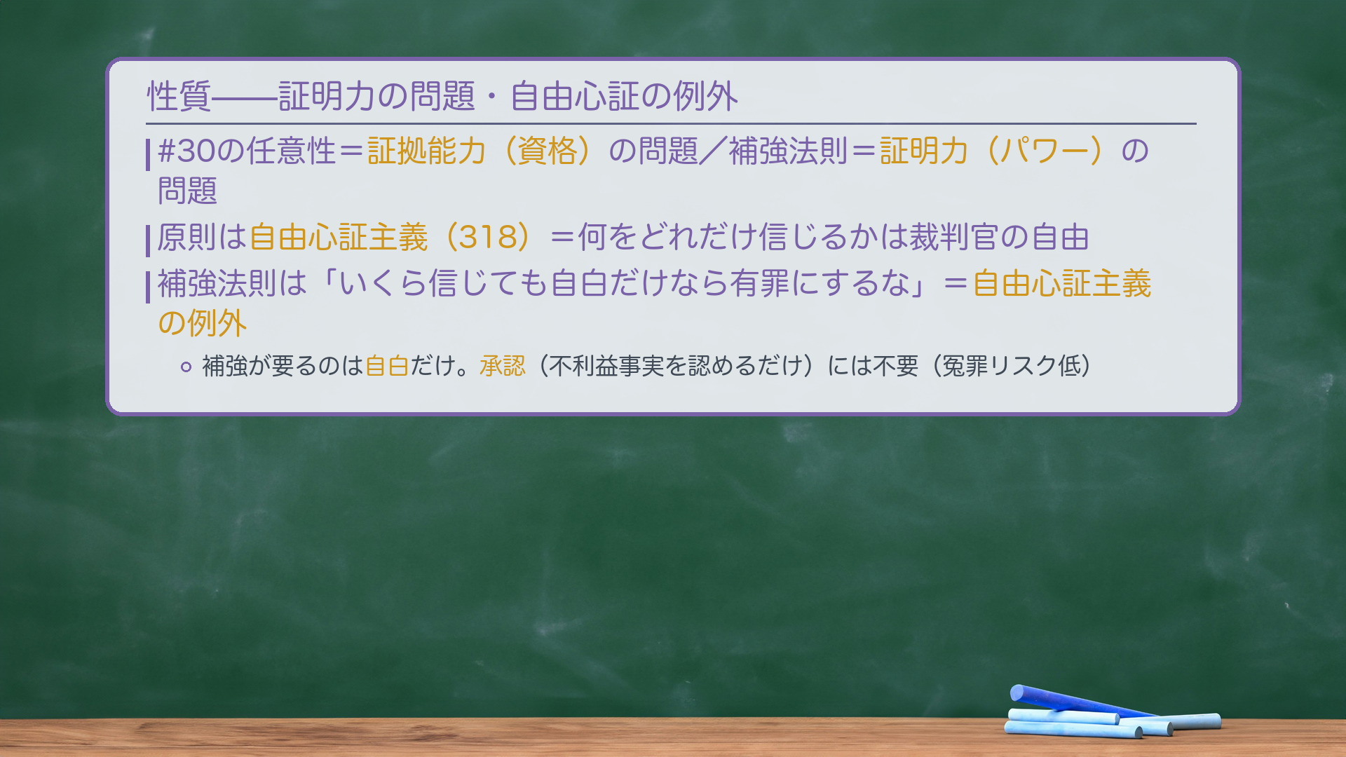 補強法則の性質（黒板：証明力の制限＝自由心証主義の例外）