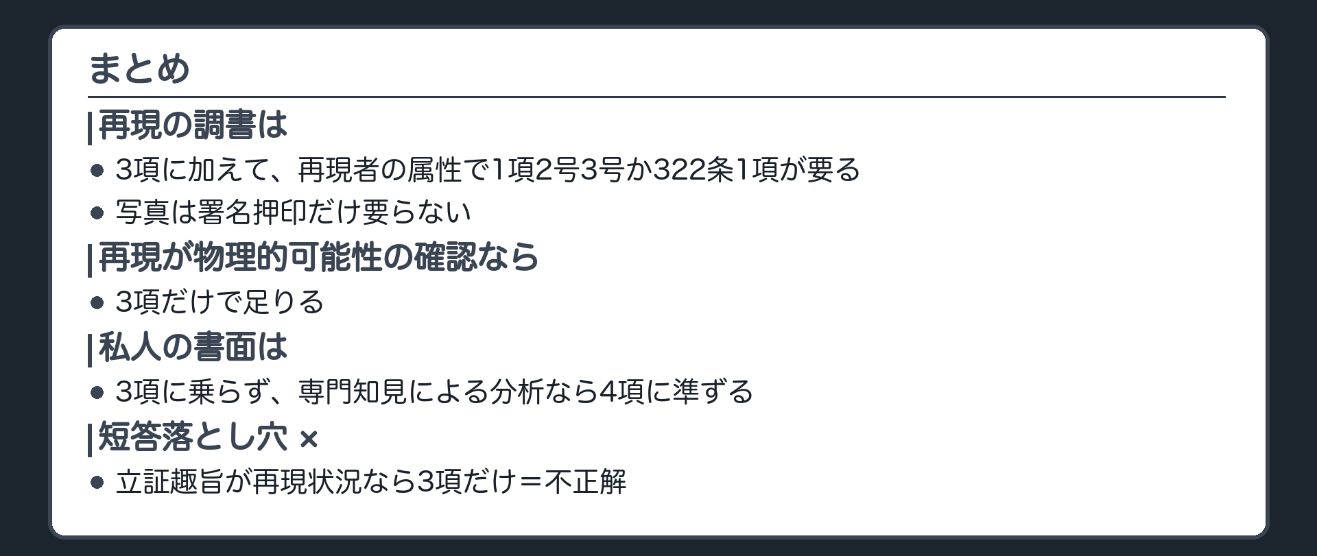 今日の保存版の板。再現の調書は3項に加えて再現者の属性で1項2号3号または322条1項、写真は署名押印のみ不要、物理的可能性の確認なら3項だけ。私人の書面は3項不可、特別の学識経験にもとづく実験や分析の報告なら4項に準ずる、見ただけのメモは1項3号、捜査を職務とする公務員と専門家の対比、作成者の地図の新しい1行