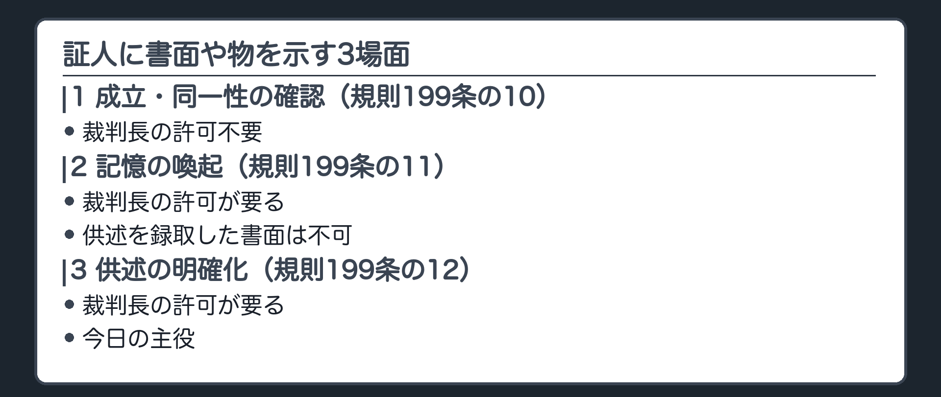 証人に書面や物を示す3場面の対比板。成立や同一性の確認は規則199条の10で許可不要、記憶喚起は規則199条の11で許可が要り供述録取書は不可、供述の明確化は規則199条の12で許可が要る。今日の主役は3つ目で、まだ証拠調べを終えていないものは相手方に閲覧の機会を与える（異議がなければ不要）