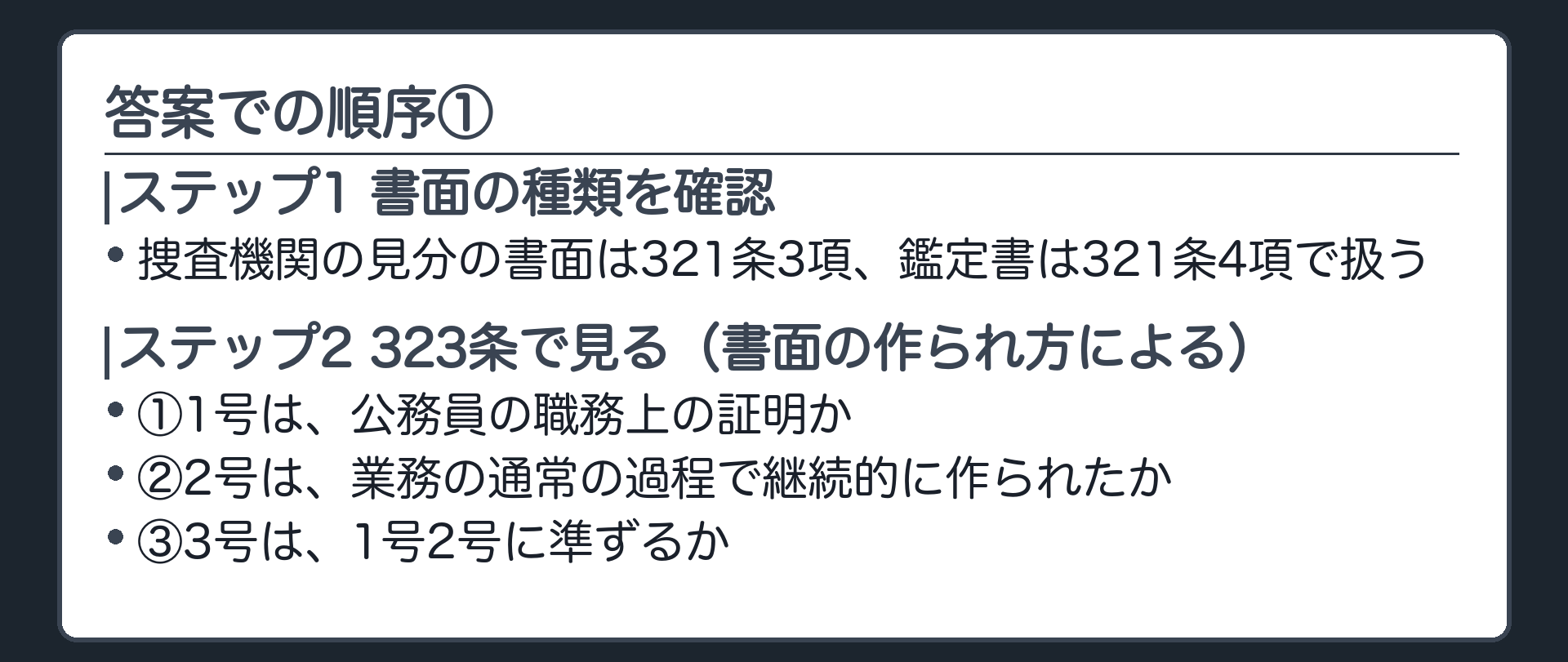 判断の順序の保存版。書面の種類を確認、1号は公務員の職責上の証明か、2号は業務の通常の過程で継続的に作られたか、3号は1号2号に準ずるか。観点は定型的類型的か、個別具体的か。どれにも当たらなければ321条1項3号、被告人の供述なら322条へ戻る