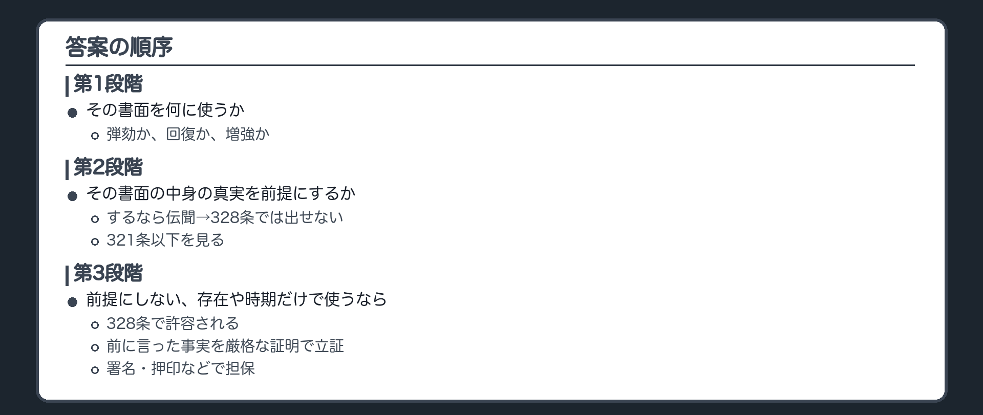 答案の順序。その書面を何に使うか、弾劾、回復、増強。中身の真実を前提にするか。前提にするなら伝聞で、328条では出せない、321条以下へ。前提にしない、存在や時期だけなら、328条と、前に言った事実の厳格な証明、署名押印