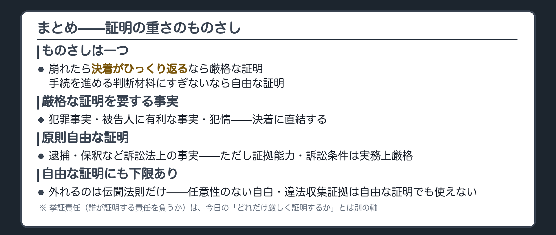 決着に直結する事実は厳格な証明手続を進める事実は自由な証明ただし自由な証明にも伝聞法則が外れるだけという下限があることをまとめる板