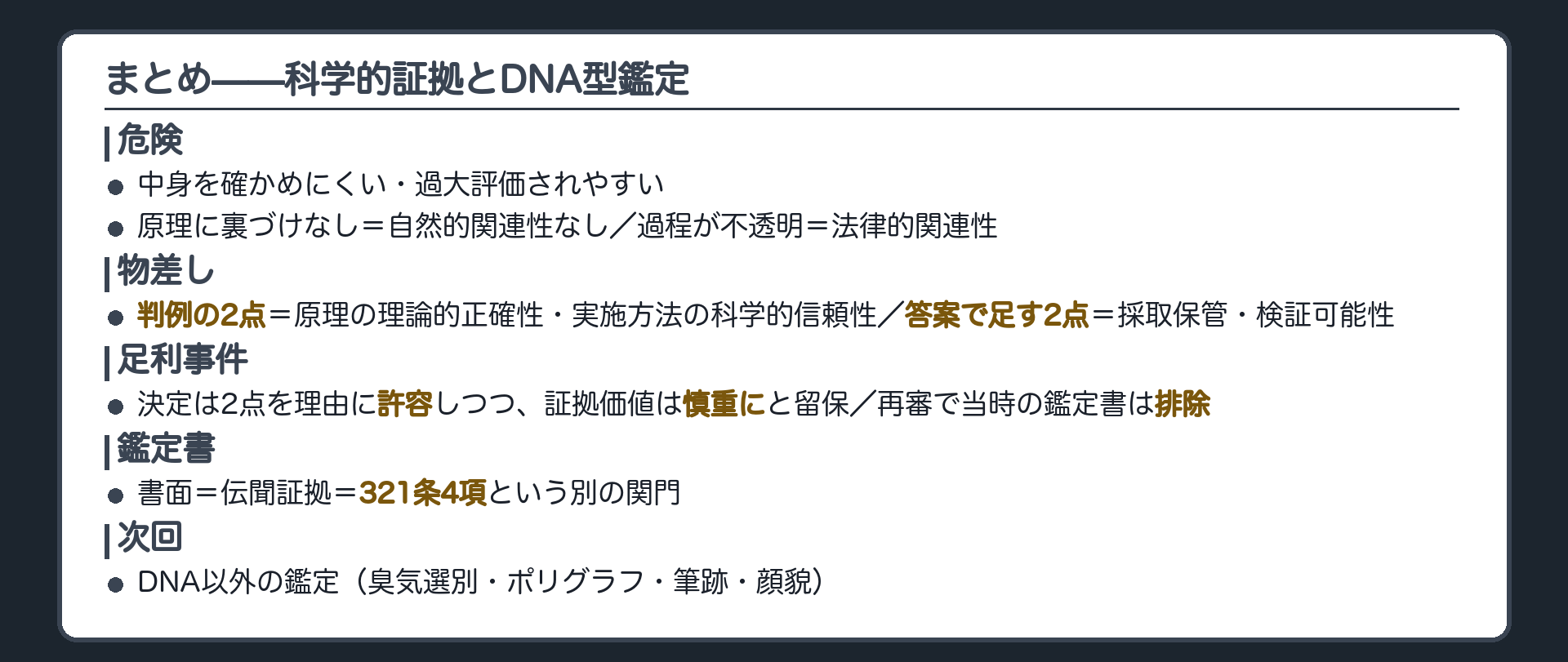 科学的証拠の2つの危険と許容性の物差しの判例2点と答案2点足利事件の決定は許容しつつ証拠価値は慎重にと留保したこと再審で当時の鑑定が排除されたこと鑑定書は伝聞であることをまとめ次回のDNA以外の鑑定を予告する板