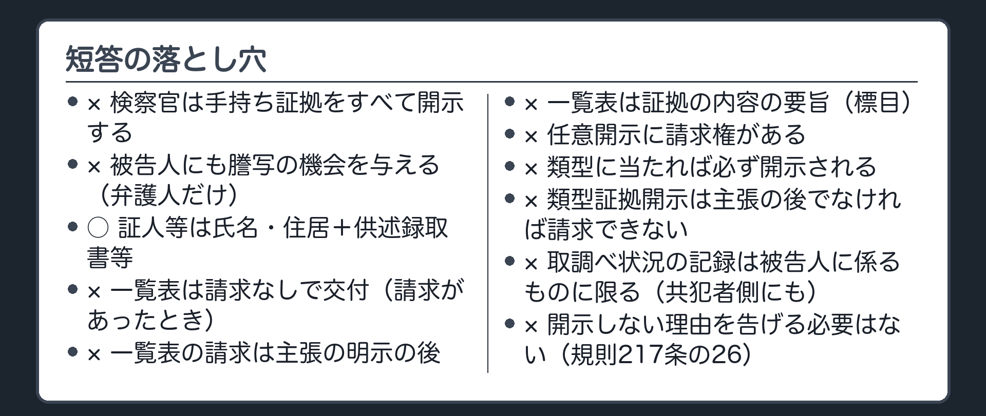 短答の落とし穴。検察官は手持ち証拠をすべて開示する×／被告人にも謄写の機会×（弁護人だけ）／証人等は氏名・住居＋供述録取書等○／一覧表は請求なしで交付×（請求があったとき）／一覧表の請求は主張の明示の後×／一覧表は証拠の内容の要旨×（標目）／任意開示に請求権×／類型に当たれば必ず開示×／類型証拠開示は主張の後でなければ請求できない×／取調べ状況記録は被告人に係るものに限る×（共犯者側にも）／開示しない理由を告げる必要はない×（規則217条の26）