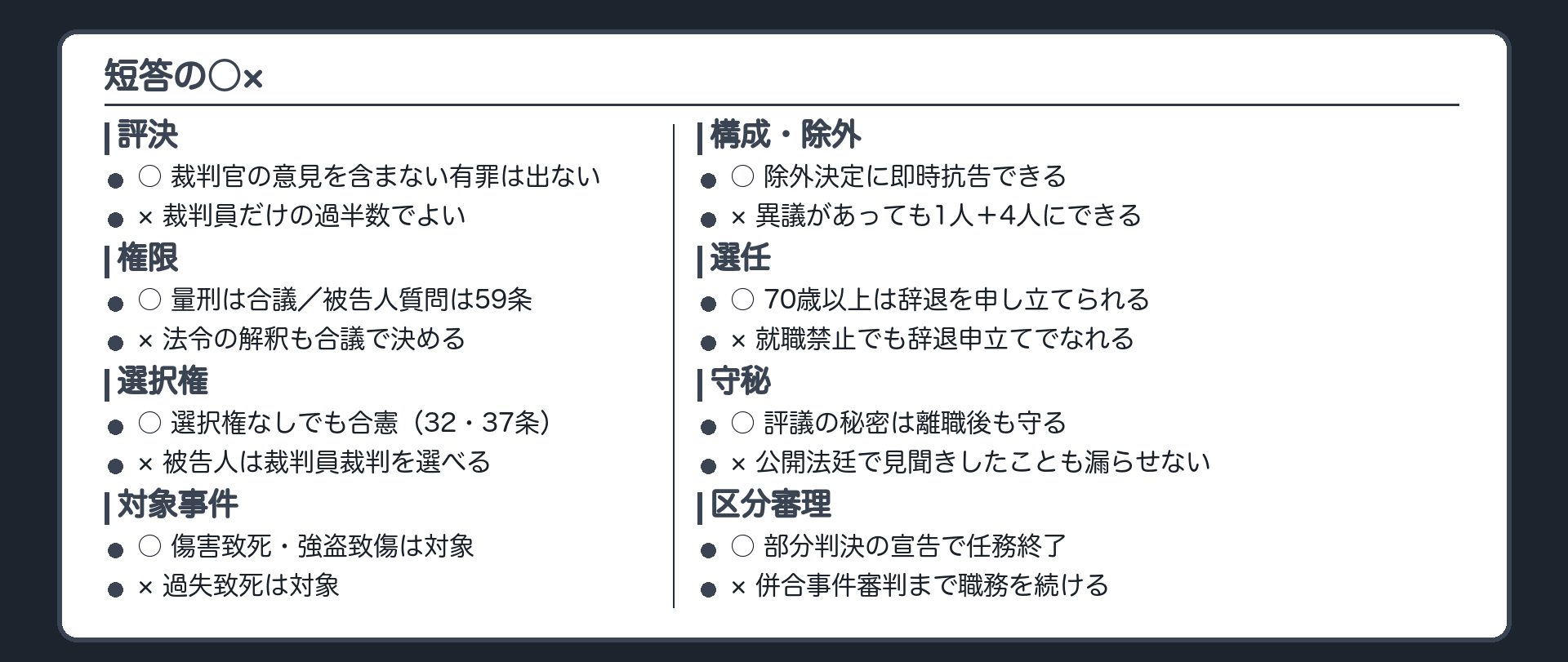 短答の○×一覧。評決・権限・対象事件・構成・選任・守秘・区分審理・選択権の落とし穴を並べる