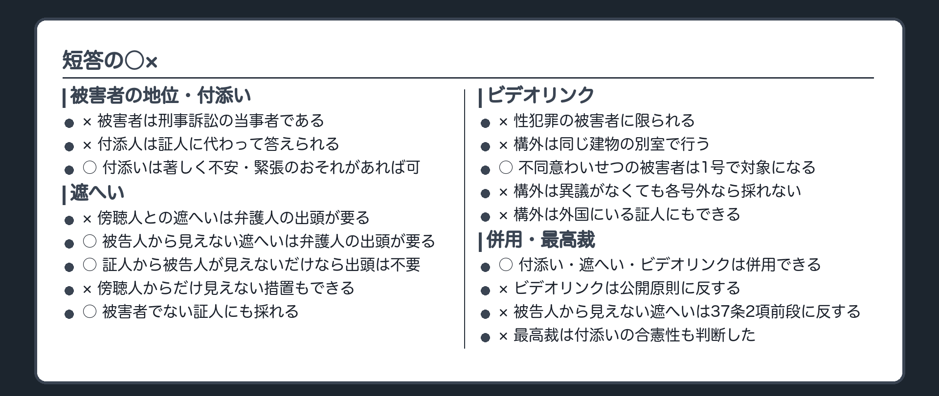 短答の○×一覧。被害者の地位・付添い・遮へい・ビデオリンク・併用・最高裁の判断の落とし穴を並べる