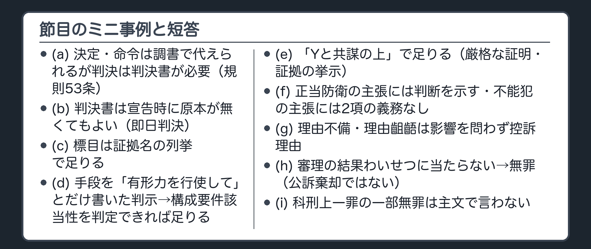 節目のミニ事例と短答。(a)決定・命令は調書で代えられるが判決は判決書が必要（規則53条）／(b)判決書は宣告時に原本が無くてもよい（即日判決）／(c)標目は証拠名の列挙で足りる／(d)手段を「有形力を行使して」とだけ書いた判示→構成要件該当性を判定できれば足りる／(e)「Yと共謀の上」で足りる（厳格な証明・証拠の挙示）／(f)正当防衛の主張には判断を示す・不能犯の主張には2項の義務なし／(g)理由不備・理由齟齬は影響を問わず控訴理由／(h)審理の結果わいせつに当たらない→無罪（公訴棄却ではない）／(i)科刑上一罪の一部無罪は主文で言わない