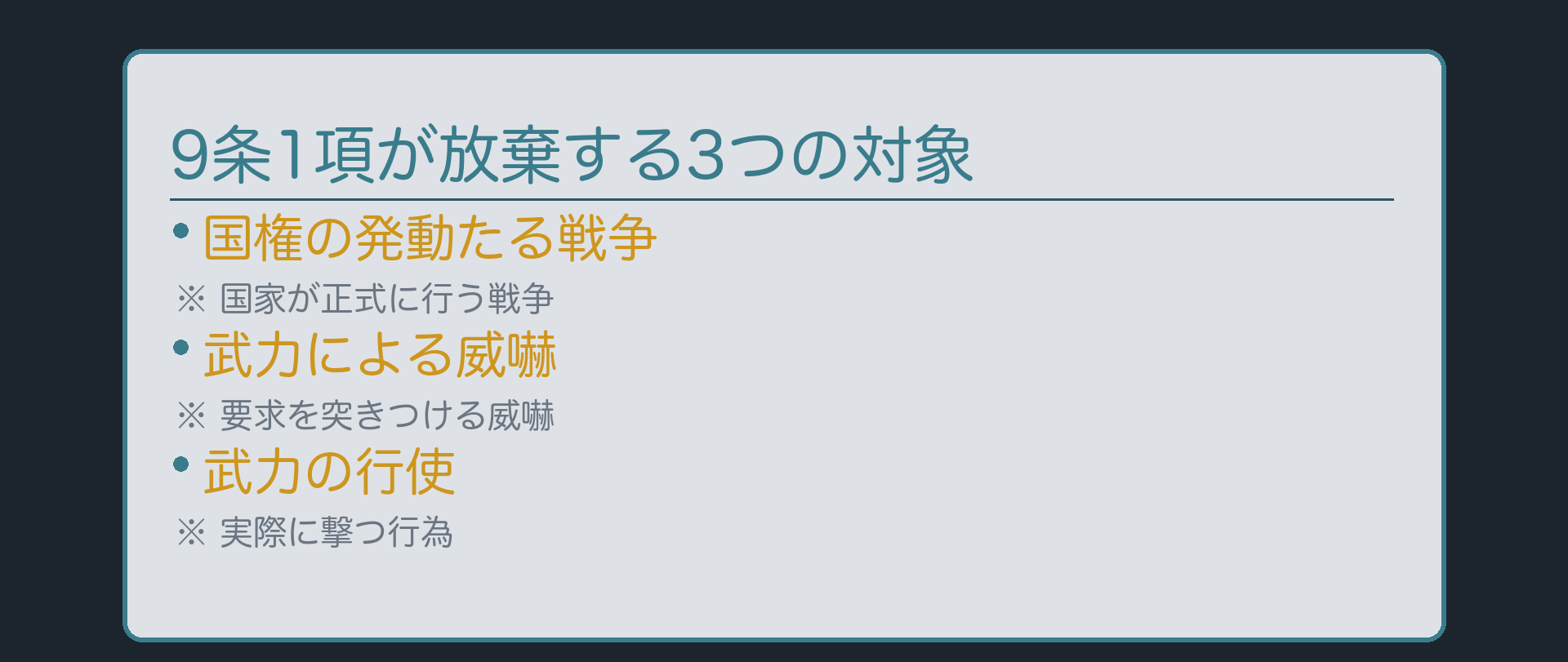 9条1項が放棄する3つの対象(国権の発動たる戦争/武力による威嚇/武力の行使)