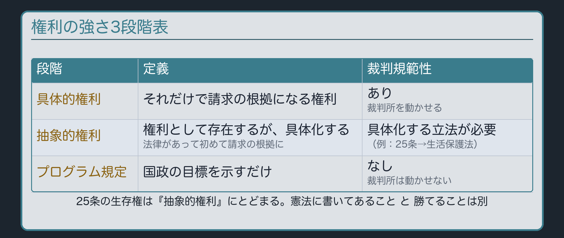 権利の強さ3段階表(具体的権利=裁判規範性あり/抽象的権利=具体化する立法が必要〈例:25条→生活保護法〉/プログラム規定=裁判規範性なし)