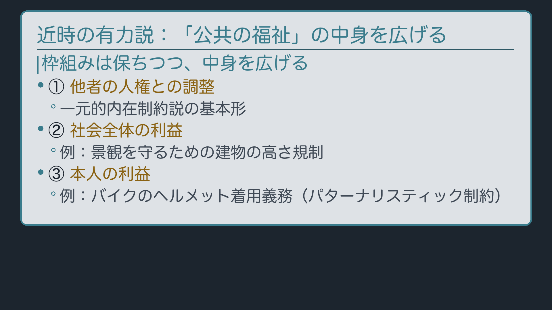 近時の有力説の構造(枠組みは保ちつつ、①他者の人権との調整②社会全体の利益③本人の利益まで中身を広げる)