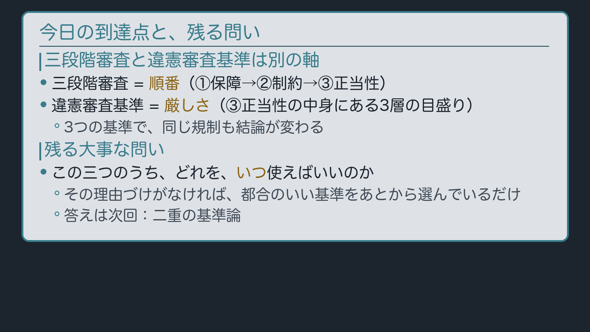 まとめ(三段階審査=順番と3層の物差し=厳しさは別軸/同じ規制でも物差しで結論が変わる)+残る問い(どの物差しをいつ使うのか)