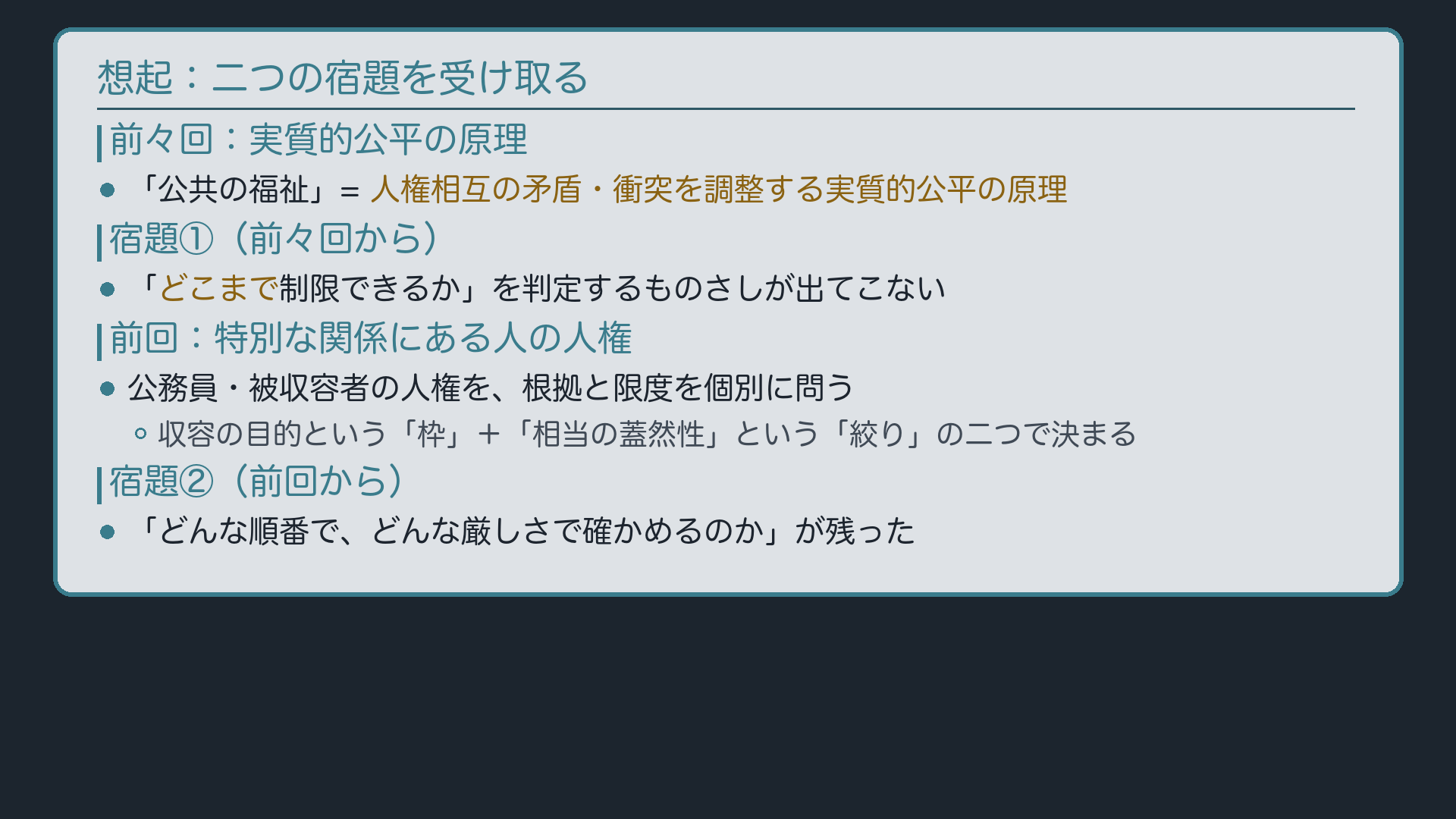 想起ボード(前々回=実質的公平の原理・宿題未回収/前回=枠と絞り・同じ宿題持ち越し)→今日、宿題を返す