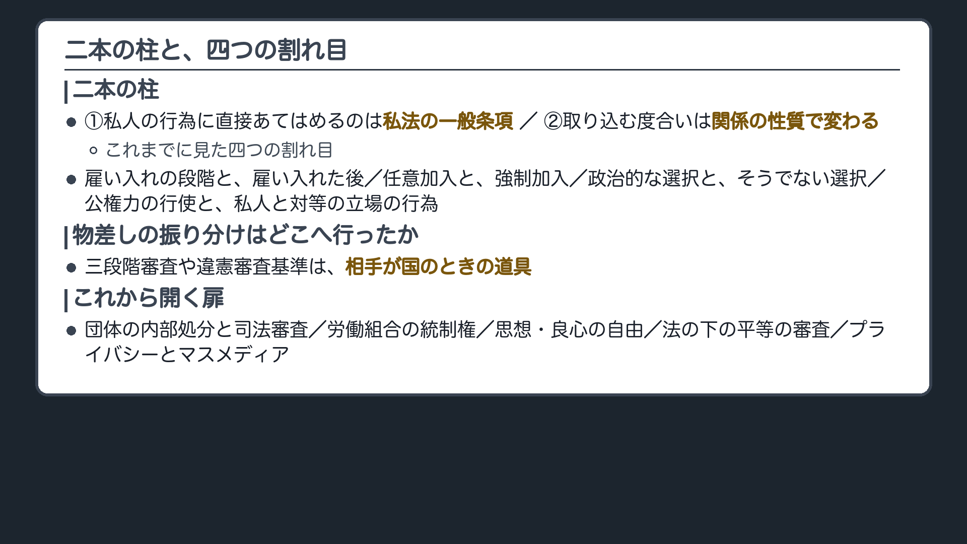 今日の全体像(二本の柱=①私人の行為に直接あてはめるのは私法の一般条項 ②取り込む度合いは関係の性質で変わる/これまでに見た四つの割れ目=雇い入れの段階と雇い入れた後・任意加入と強制加入・政治的な選択とそうでない選択・公権力の行使と私人と対等の立場の行為/物差しの振り分け=三段階審査や違憲審査基準は相手が国のときの道具/これから開く扉=団体の内部処分と司法審査・労働組合の統制権・思想良心の自由・法の下の平等の審査・プライバシーとマスメディア)