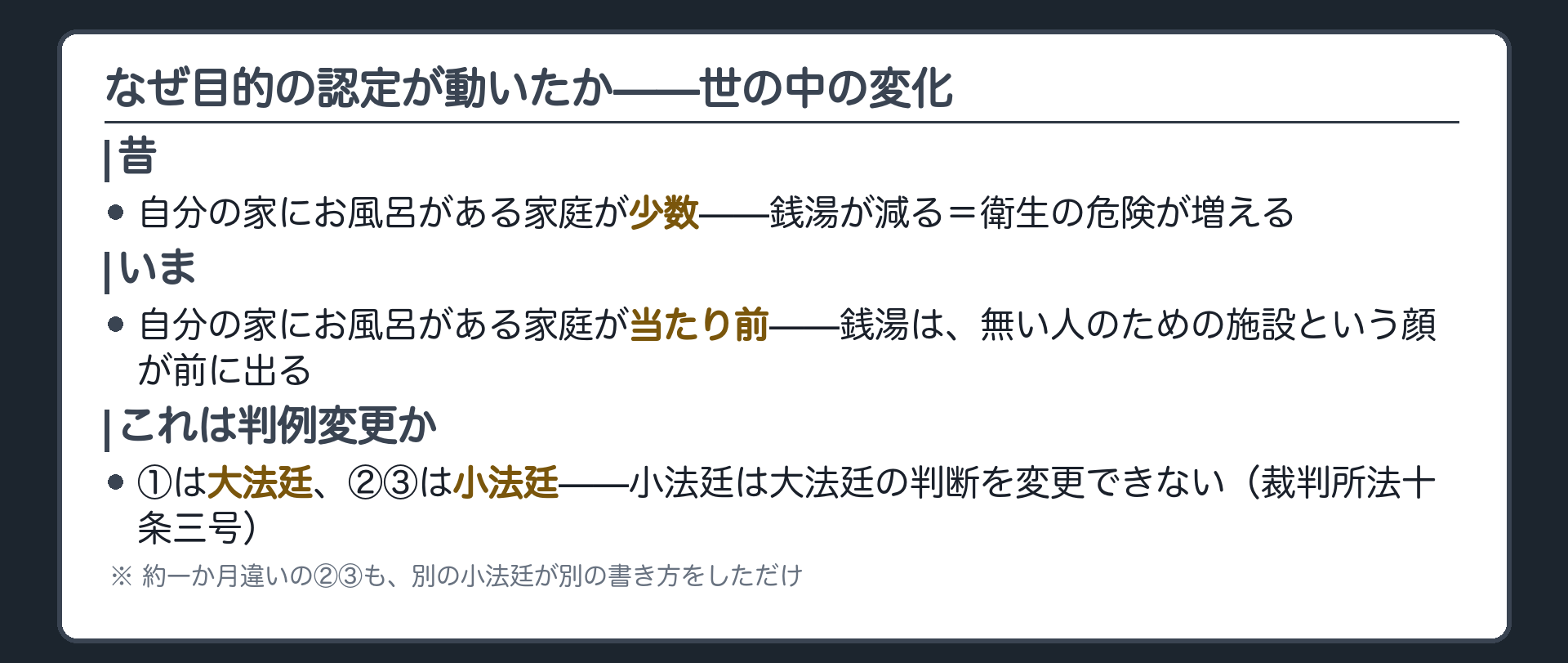 なぜ動いたか（自家風呂の普及による目的認定の変化）＋判例変更ではない理由（大法廷・小法廷の違いと裁判所法10条3号）