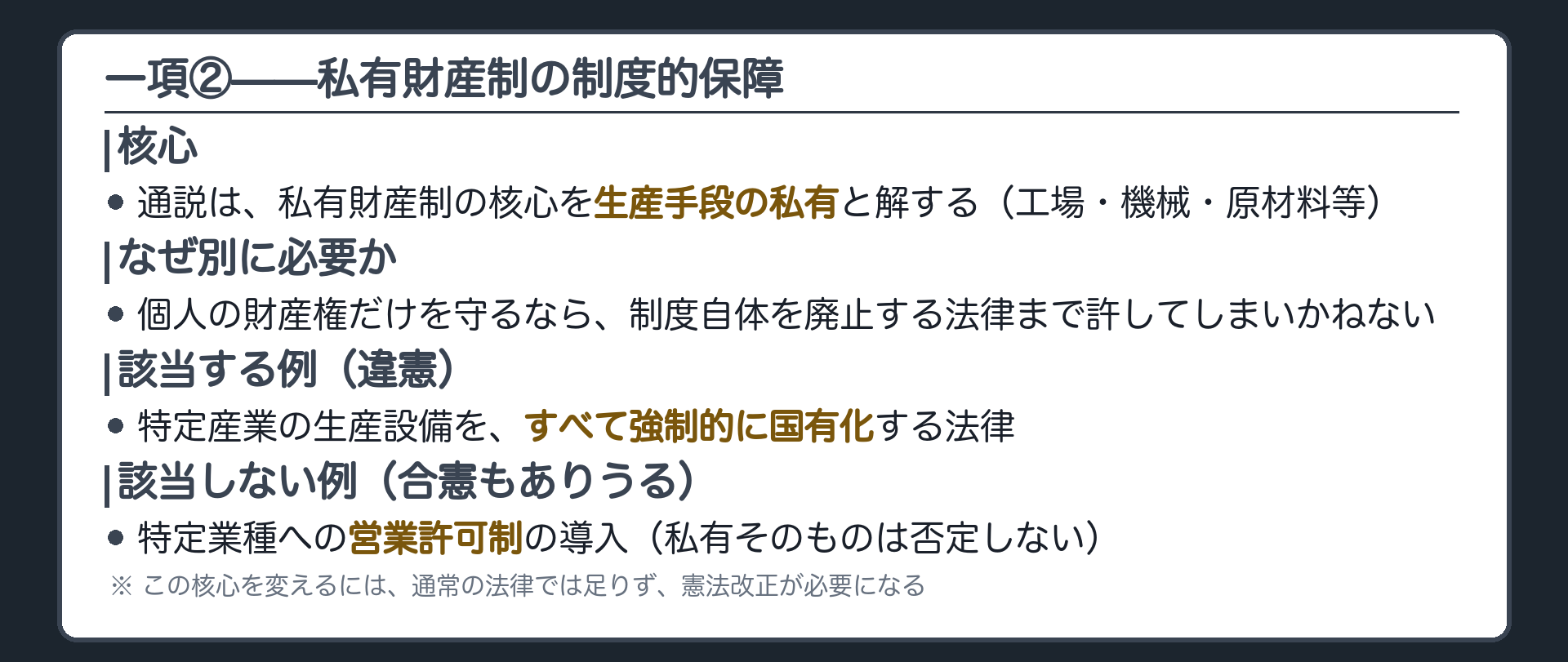 一項のもう一つの意味（私有財産制の制度的保障＋境界ペア＝生産設備の強制国有化／営業許可制の導入）
