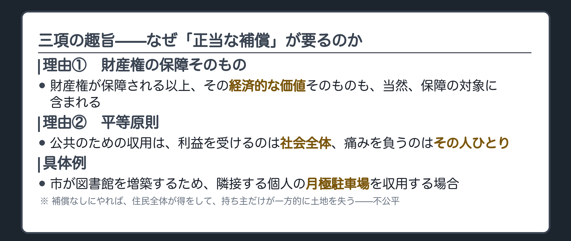 二十九条三項の趣旨（①財産価値の保障／②平等原則＝損失を国民全体で分担）＋図書館増築と駐車場の例