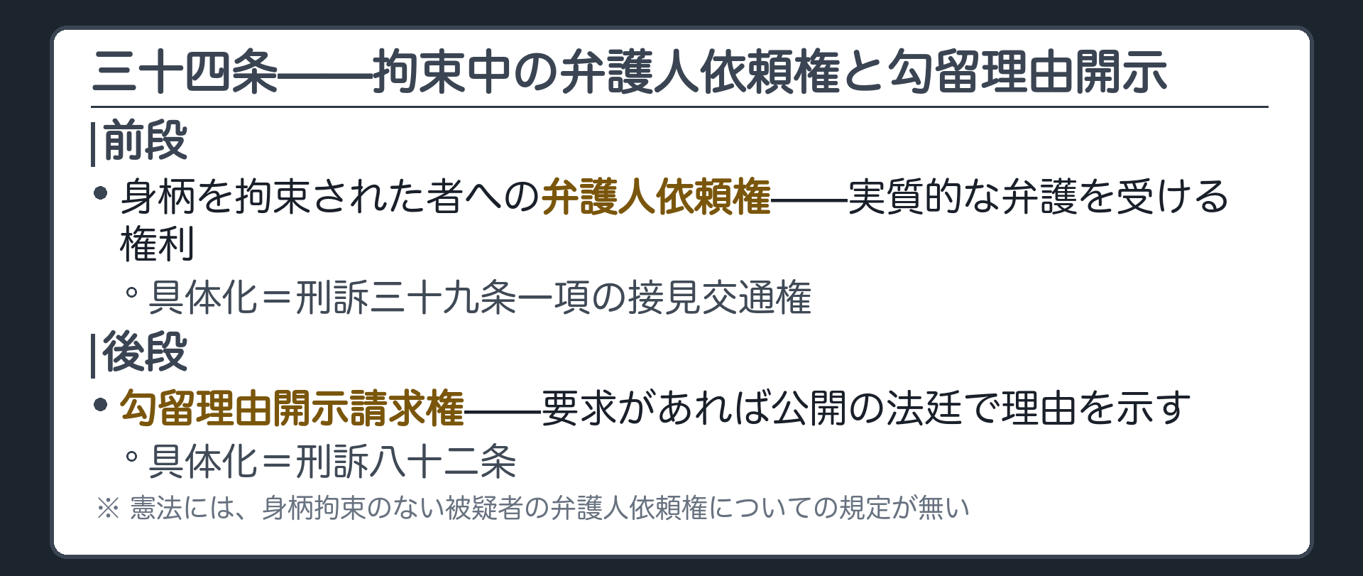 三十四条の構造（前段＝身柄拘束された者への弁護人依頼権〈実質的な弁護を受ける権利・刑訴三十九条一項の接見交通権で具体化〉／後段＝勾留理由開示請求権〈刑訴八十二条で具体化〉／憲法には身柄拘束のない被疑者の弁護人依頼権の規定がない）