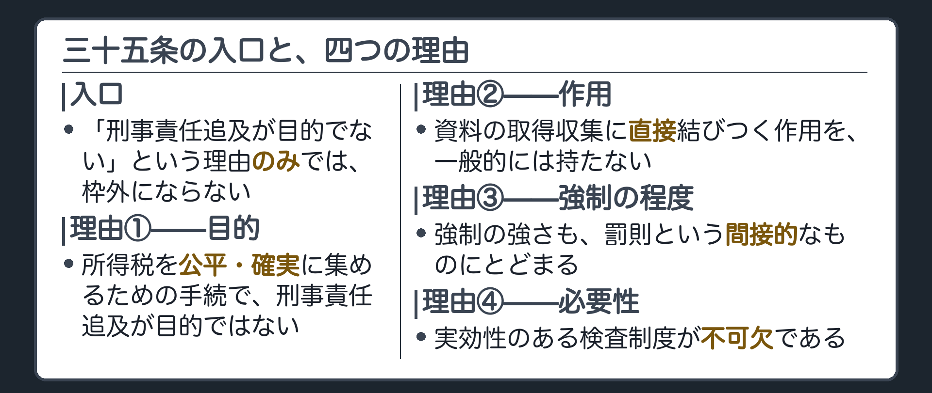 三十五条の入口と四つの理由（入口＝刑事責任追及目的でないという理由のみでは枠外にならない／理由１＝所得税の公平確実な賦課徴収のための手続で刑事責任追及が目的でない／理由２＝資料取得収集に直接結びつく作用を一般的に持たない／理由３＝強制の程度は罰則という間接的なものにとどまる／理由４＝実効性ある検査制度が不可欠）