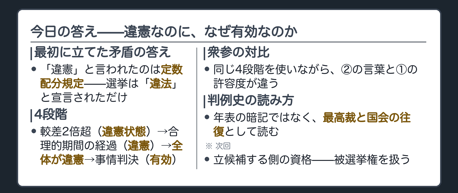 今日の答え（最初の矛盾は主語の違いで回収／4段階の総復習／衆参の対比／次回は被選挙権）