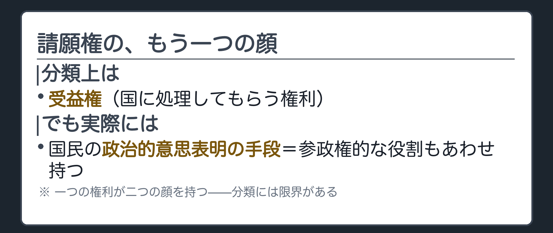請願権のもう一つの顔（受益権としての性格／国民の政治的意思表明という参政権的役割＝分類の限界）