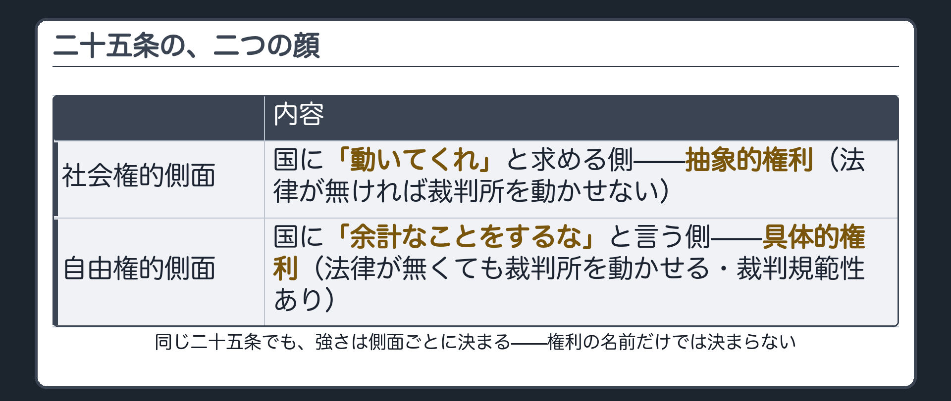 二十五条の二つの顔(社会権的側面＝国に動いてくれと求める側＝抽象的権利／自由権的側面＝国に余計なことをするなと言う側＝具体的権利で裁判規範性あり)