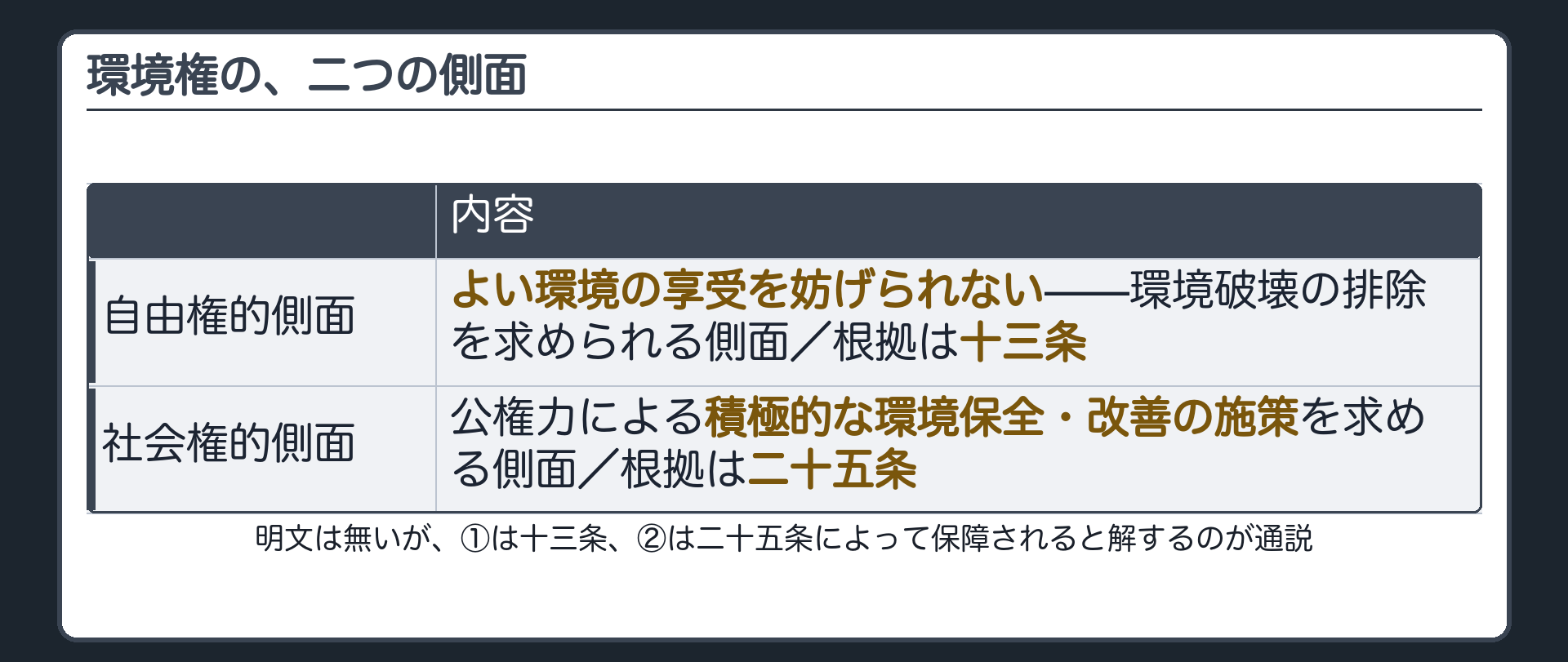 環境権の二つの側面(自由権的側面＝よい環境の享受を妨げられない・十三条／社会権的側面＝公権力による積極的な環境保全改善の施策を求める・二十五条／明文は無いが通説)
