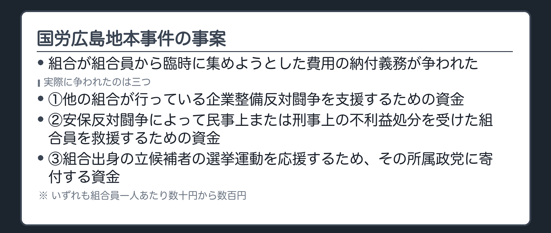 国労広島地本事件の事案(組合が組合員から臨時に集めようとした費用の納付義務が争われた／実際に争われたのは三つ／①他の組合が行っている企業整備反対闘争を支援するための資金／②安保反対闘争によって民事上または刑事上の不利益処分を受けた組合員を救援するための資金／③組合出身の立候補者の選挙運動を応援するため、その所属政党に寄付する資金／いずれも組合員一人あたり数十円から数百円)
