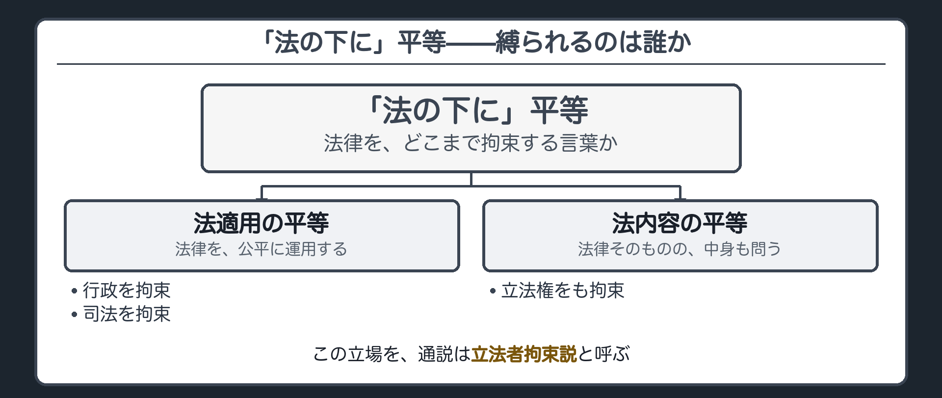 「法の下に」は法適用の平等と法内容の平等の両方を求める(①法適用の平等→行政・司法を拘束②法内容の平等→立法権をも拘束)＋この立場を通説は立法者拘束説と呼ぶ