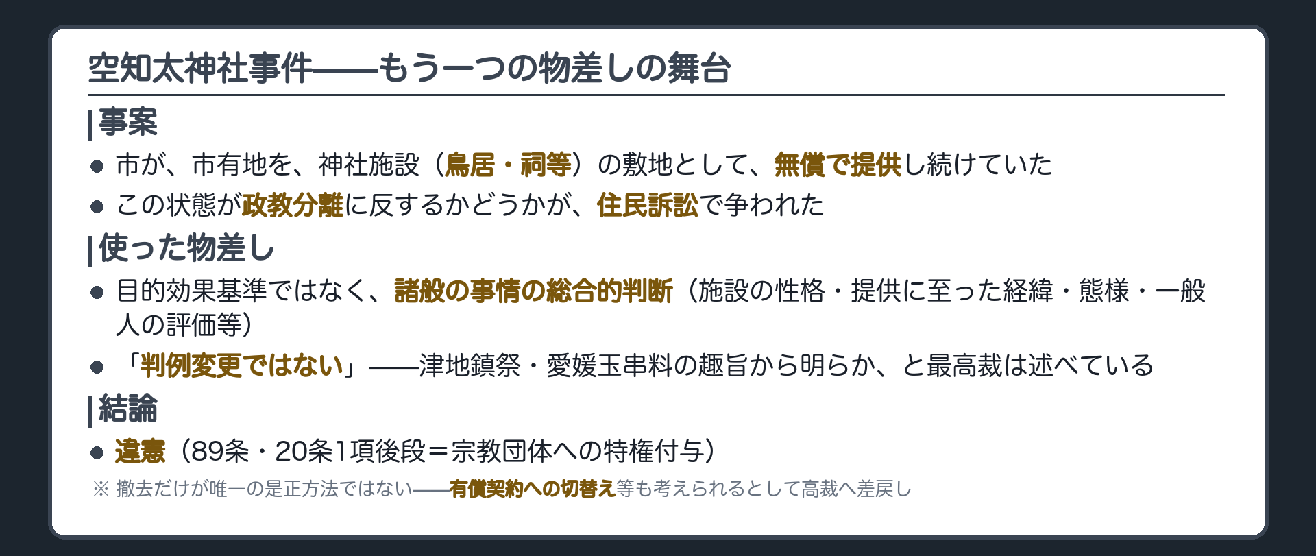 事案=市が市有地を神社施設(鳥居・祠等)の敷地として無償で提供している状態が政教分離に反するかが争われた住民訴訟