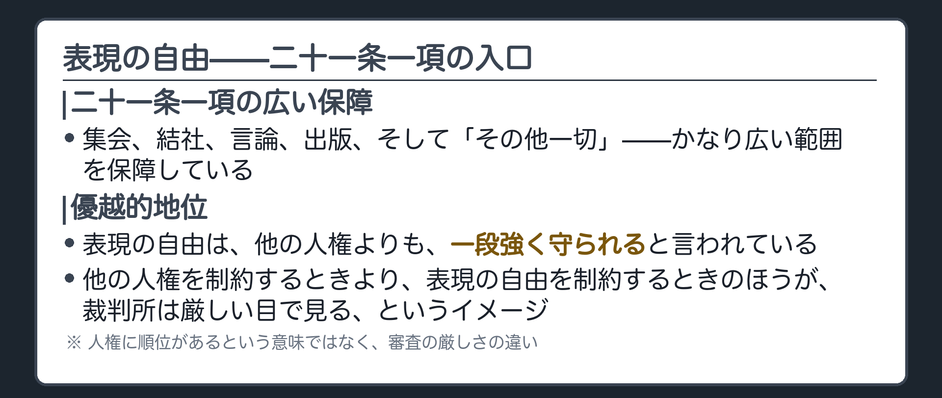 21条1項の広い保障(集会・結社・言論・出版・その他一切の表現の自由)＋表現の自由は他の人権より一段強く守られる「優越的地位」を持つとされる