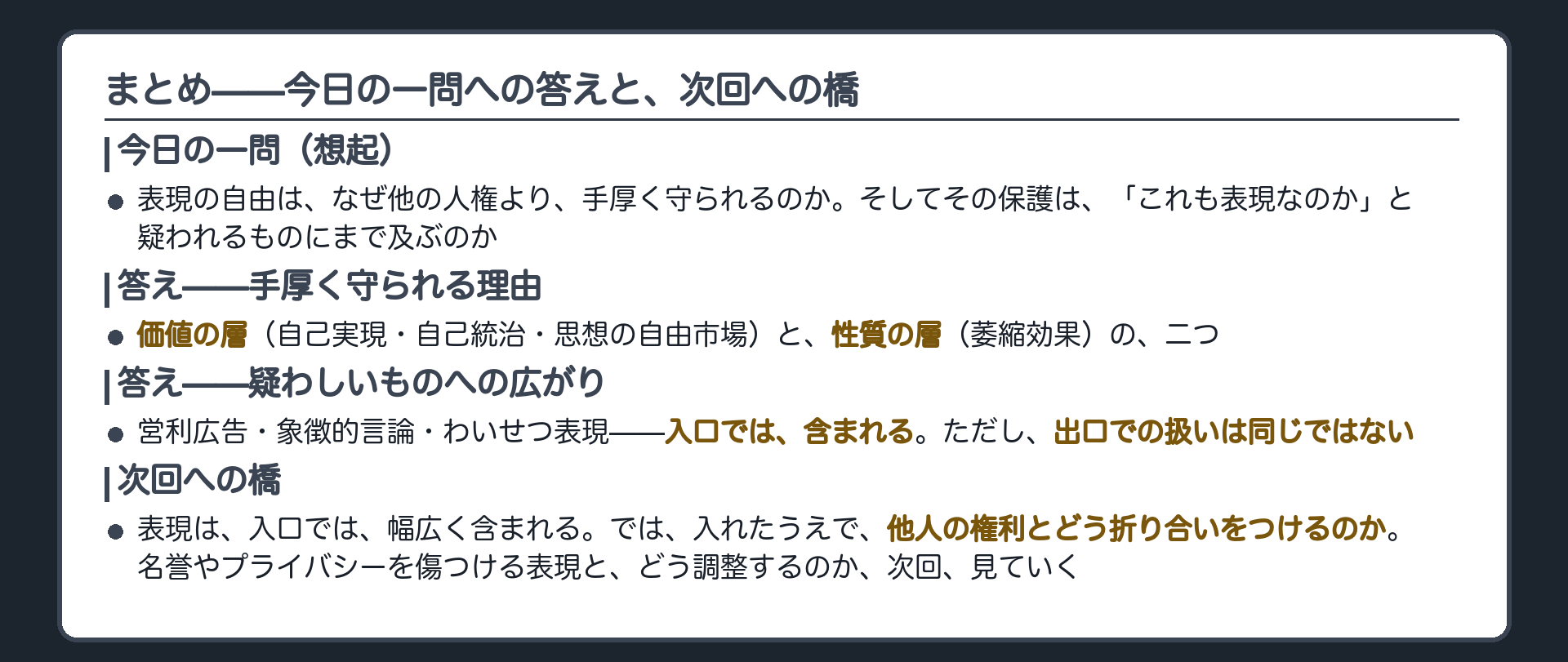 まとめ=今日の1問の答え(価値の層と性質の層ゆえに手厚く保護され、営利広告・象徴的言論・わいせつ表現のような疑わしいものにも入口では及ぶがただし出口の扱いは同じでない)＋次回への橋=入れたうえで他人の権利とどう折り合いをつけるか