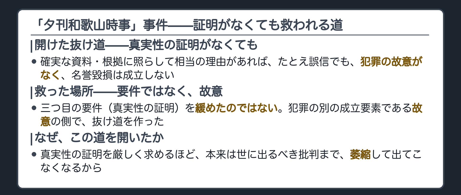 夕刊和歌山時事事件が開けた抜け道(三要件のうち真実性の証明が無くても)＋確実な資料・根拠に照らし相当の理由があれば誤信でも犯罪の故意がなく不成立＋条文の要件を緩めたのではなく故意の側で救った構造＋なぜこの道を開いたか=真実性の証明を厳格に求めると正当な批判まで萎縮するから