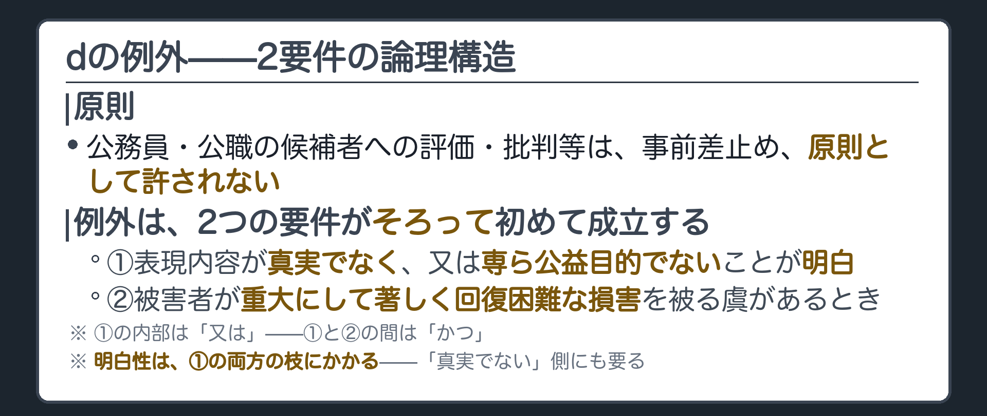 dの例外2要件の論理構造(原則=公務員・公職選挙の候補者への評価・批判等は事前差止め原則として許されない)＋例外は2要件が両方そろって初めて成立(①表現内容が真実でなく、又は専ら公益目的でないことが明白／②被害者が重大にして著しく回復困難な損害を被る虞があるとき)＋①の内部は"又は"／①と②の間は"かつ"＋明白性は①の両枝にかかる（「真実でない」側にも要る）