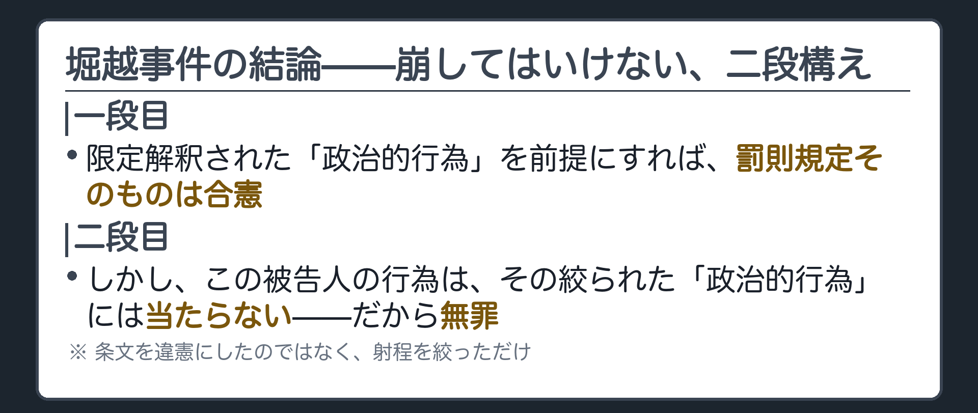 堀越事件の結論の二段構え(①限定解釈された「政治的行為」を前提にすれば罰則規定自体は合憲／②本件被告人の行為はその「政治的行為」に当たらない、だから無罪)＋条文を違憲にしたのではなく射程を絞っただけ、という整理