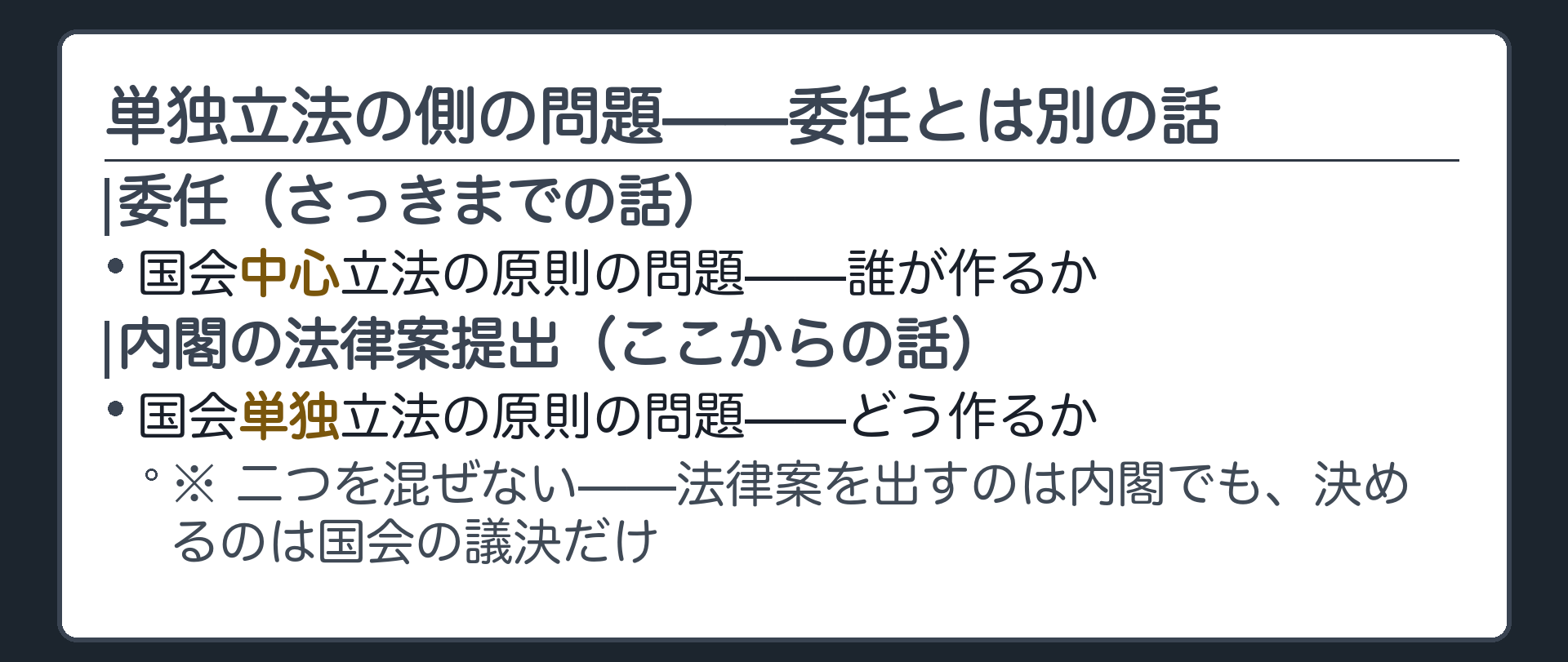単独立法の側の問題(委任＝国会中心立法の問題・誰が作るか／内閣の法律案提出＝国会単独立法の問題・どう作るか)